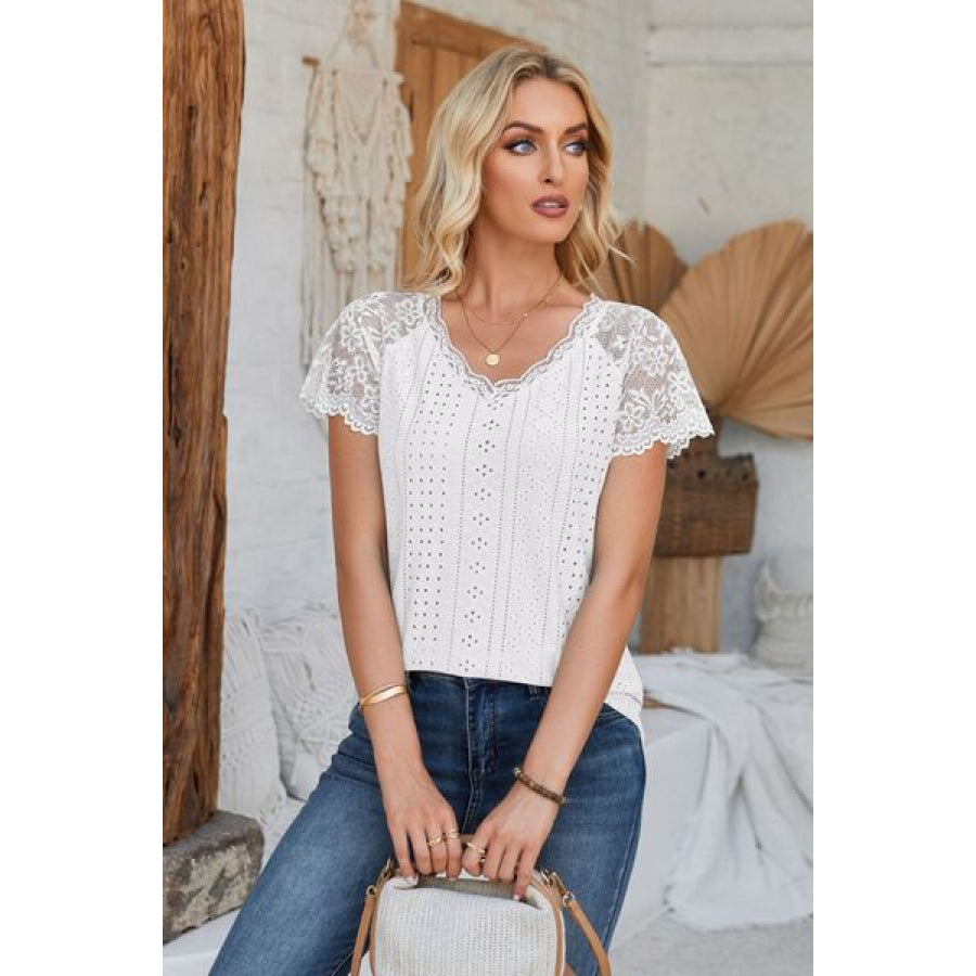 Eyelet V - Neck Lace Short Sleeve T - Shirt Apparel and Accessories