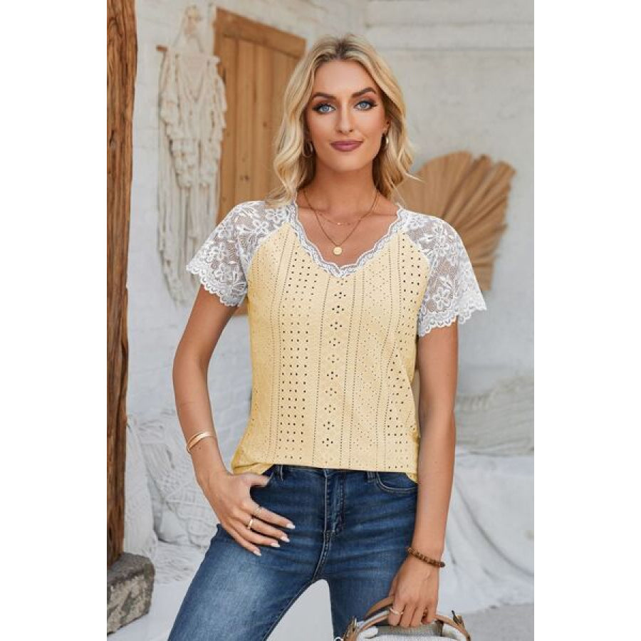 Eyelet V - Neck Lace Short Sleeve T - Shirt Apparel and Accessories
