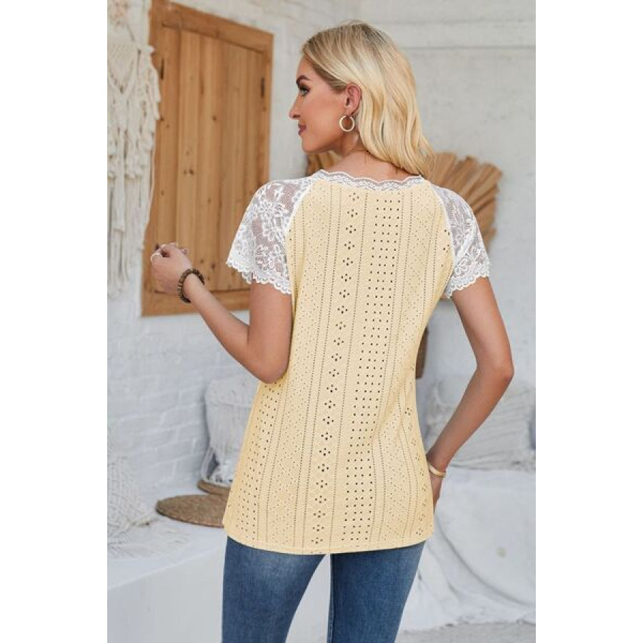 Eyelet V - Neck Lace Short Sleeve T - Shirt Apparel and Accessories