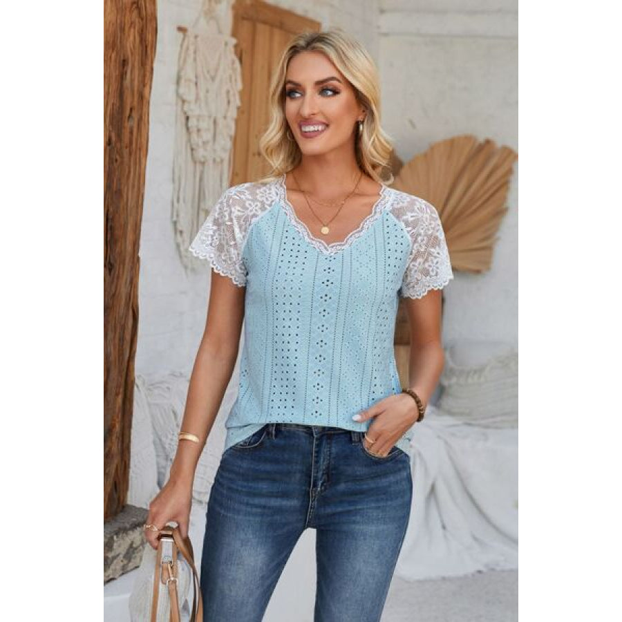 Eyelet V - Neck Lace Short Sleeve T - Shirt Apparel and Accessories