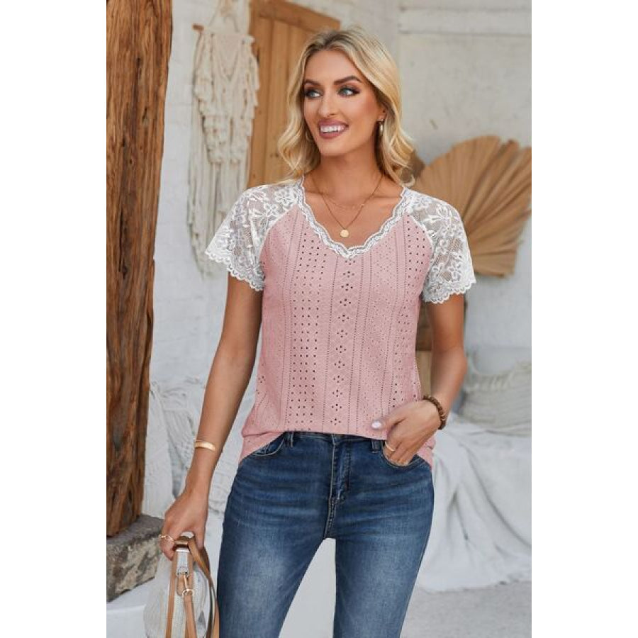 Eyelet V - Neck Lace Short Sleeve T - Shirt Apparel and Accessories