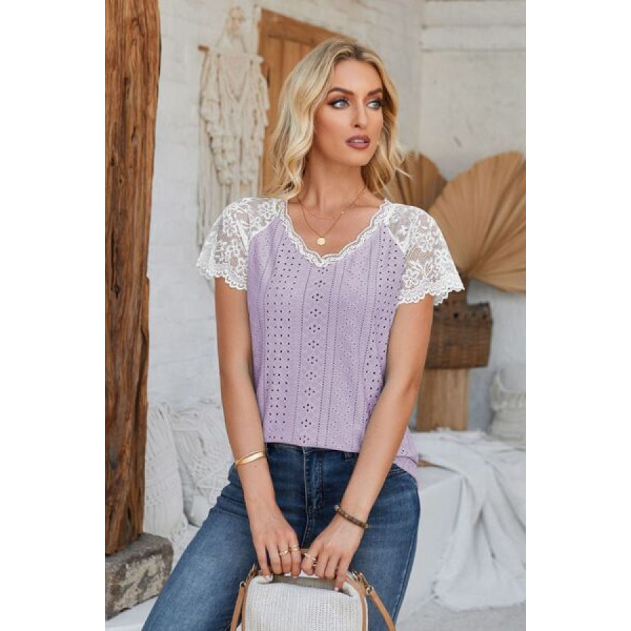Eyelet V - Neck Lace Short Sleeve T - Shirt Apparel and Accessories
