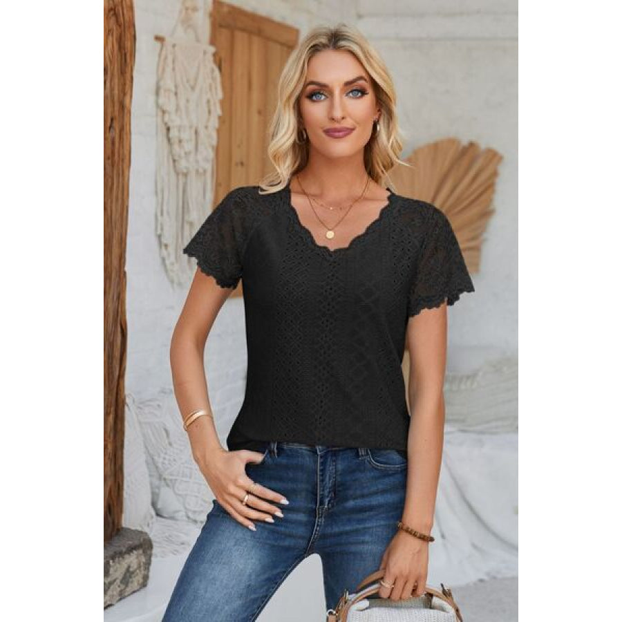 Eyelet V - Neck Lace Short Sleeve T - Shirt Apparel and Accessories