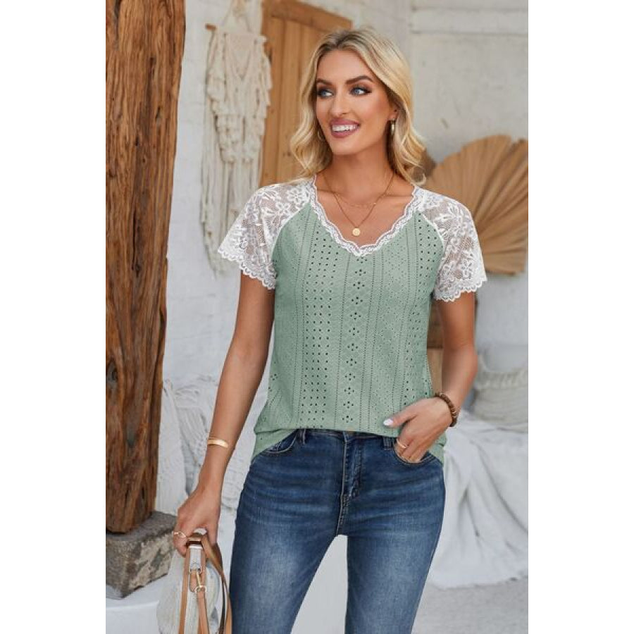 Eyelet V - Neck Lace Short Sleeve T - Shirt Apparel and Accessories