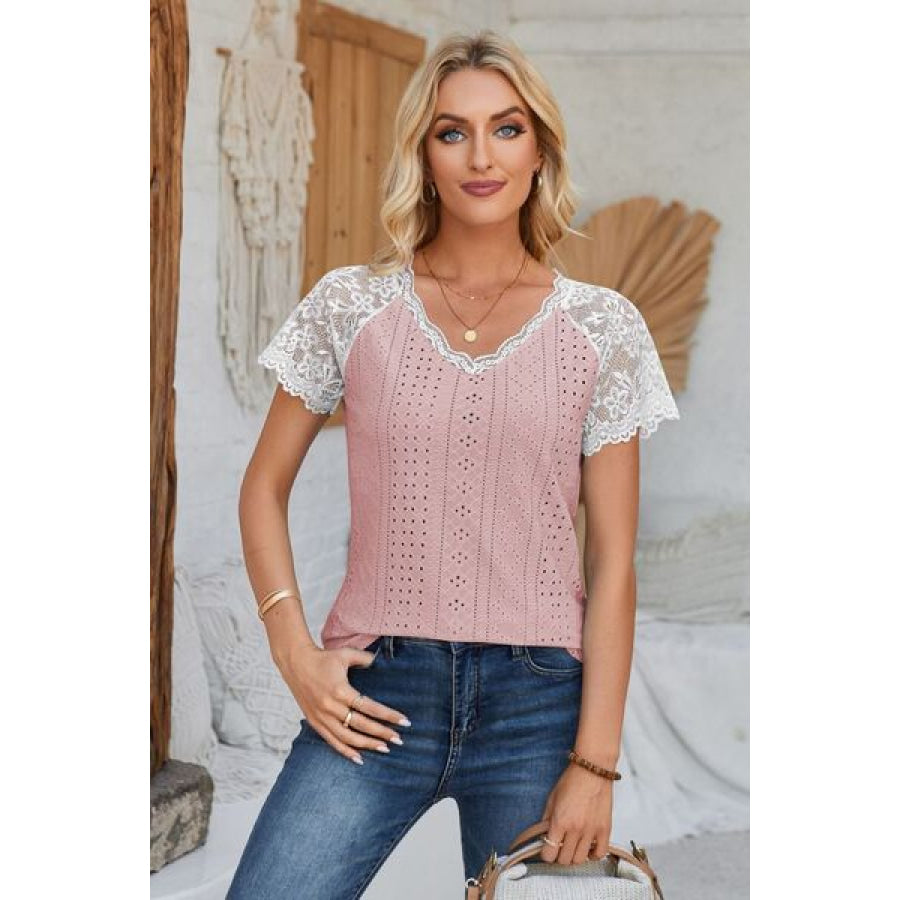 Eyelet V - Neck Lace Short Sleeve T - Shirt Apparel and Accessories
