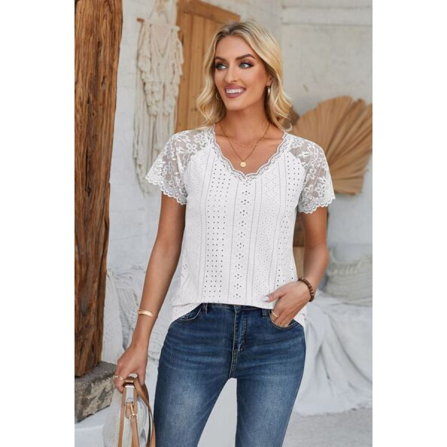 Eyelet V - Neck Lace Short Sleeve T - Shirt Apparel and Accessories