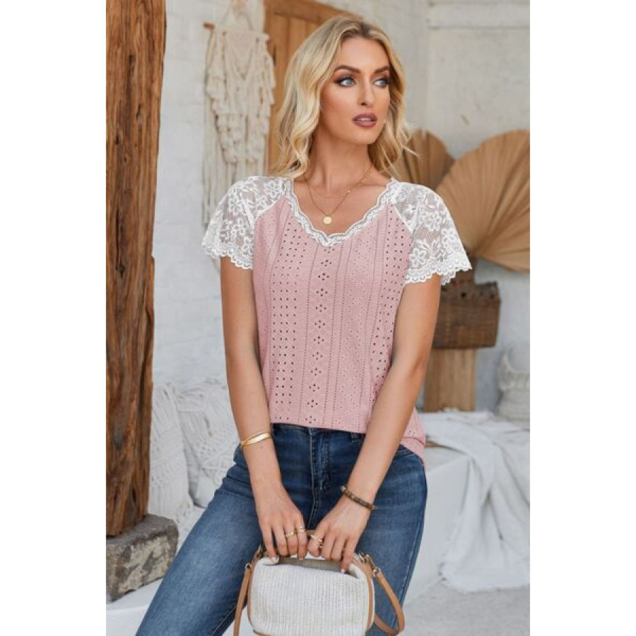 Eyelet V - Neck Lace Short Sleeve T - Shirt Apparel and Accessories