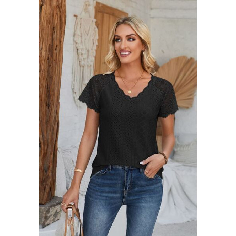 Eyelet V - Neck Lace Short Sleeve T - Shirt Apparel and Accessories