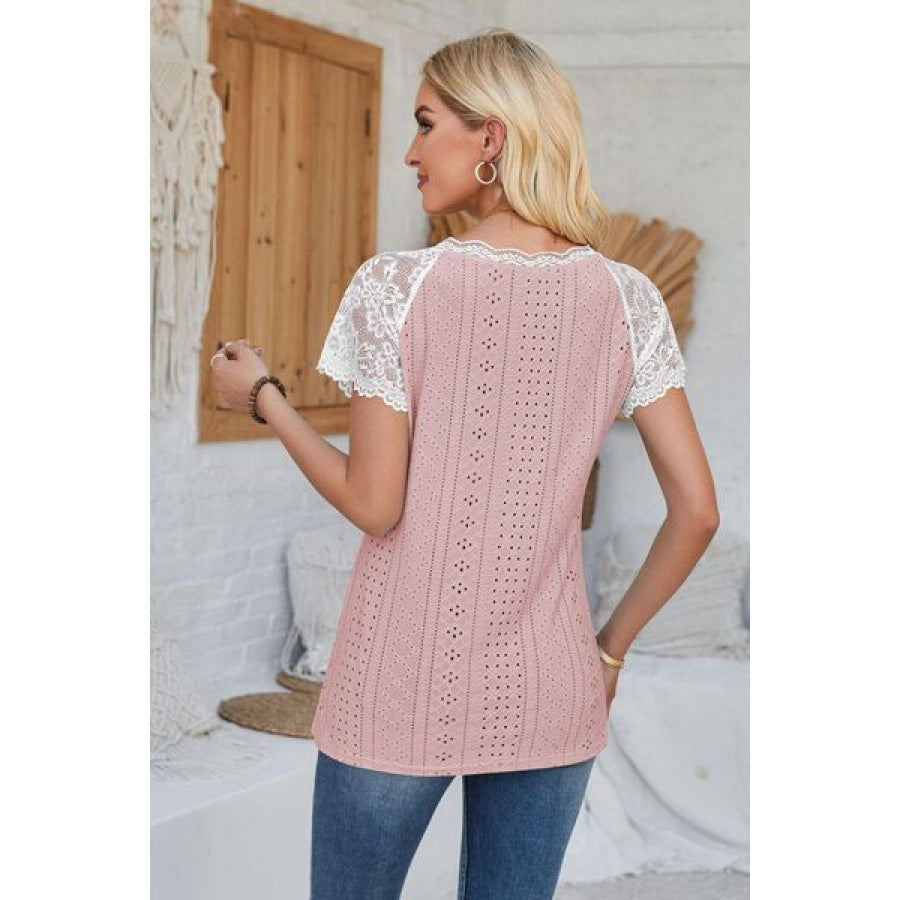 Eyelet V - Neck Lace Short Sleeve T - Shirt Apparel and Accessories