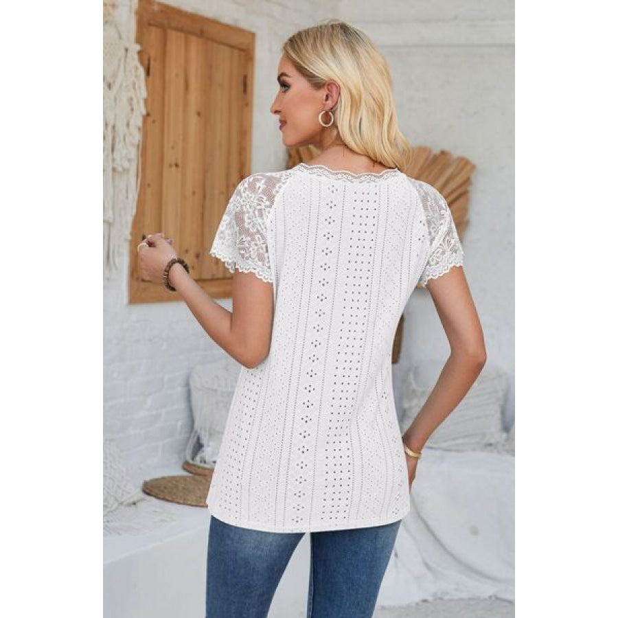 Eyelet V - Neck Lace Short Sleeve T - Shirt Apparel and Accessories