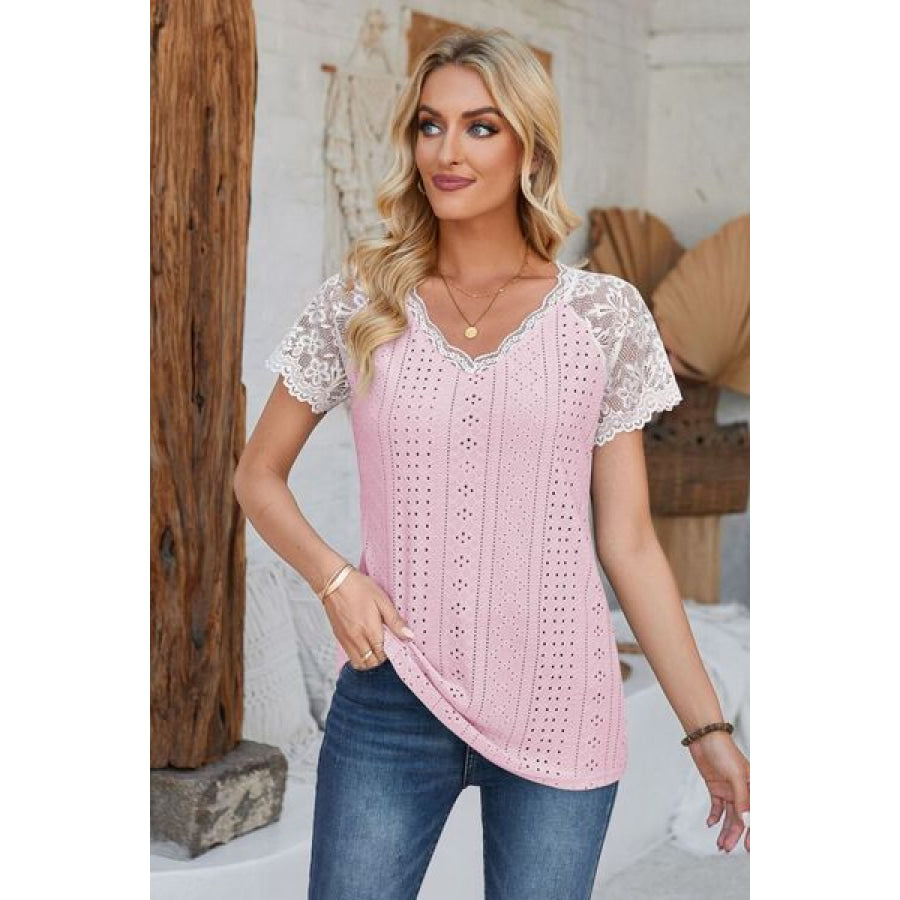 Eyelet V - Neck Lace Short Sleeve T - Shirt Blush Pink / S Apparel and Accessories