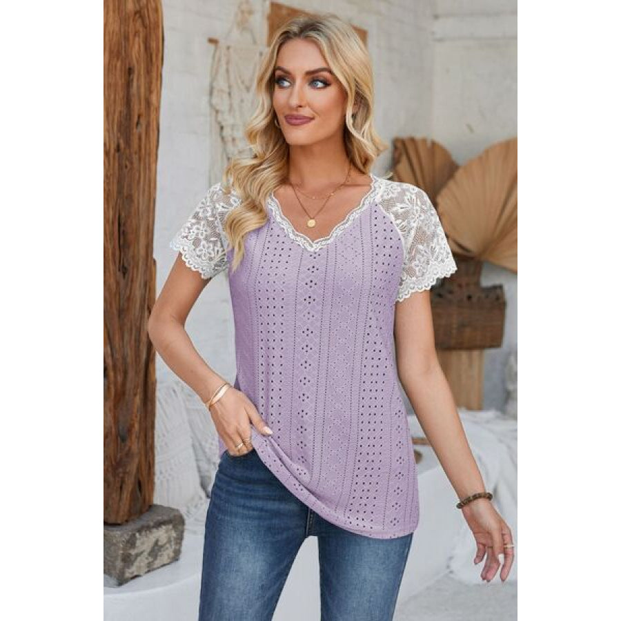 Eyelet V - Neck Lace Short Sleeve T - Shirt Lavender / S Apparel and Accessories