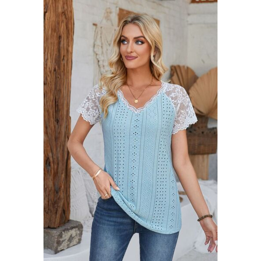 Eyelet V - Neck Lace Short Sleeve T - Shirt Mint Blue / S Apparel and Accessories