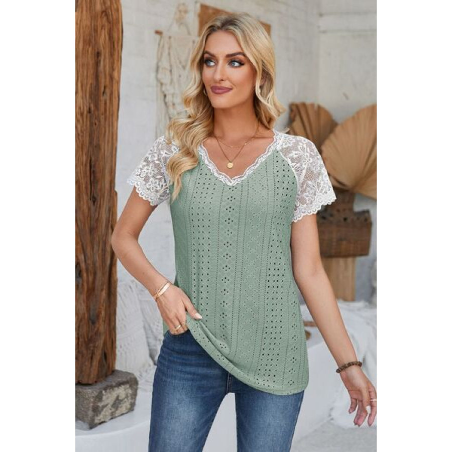 Eyelet V - Neck Lace Short Sleeve T - Shirt Sage / S Apparel and Accessories