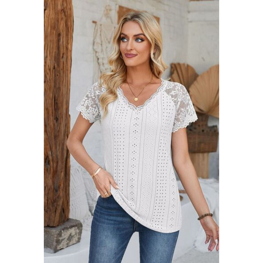 Eyelet V - Neck Lace Short Sleeve T - Shirt White / S Apparel and Accessories
