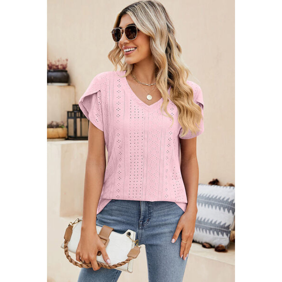Eyelet V - Neck Petal Sleeve T - Shirt Apparel and Accessories