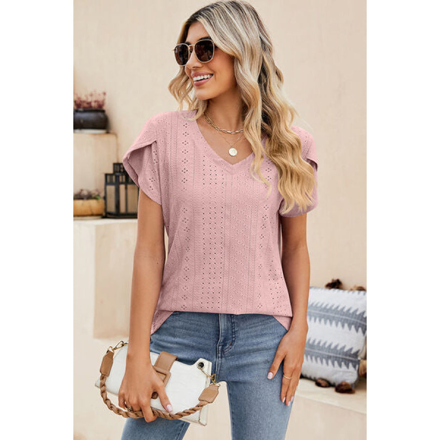Eyelet V - Neck Petal Sleeve T - Shirt Apparel and Accessories