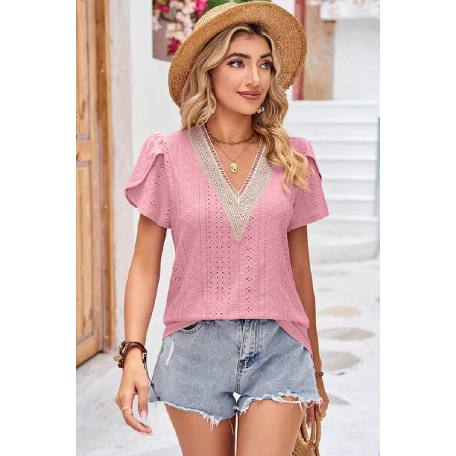 Eyelet V - Neck Petal Sleeve T - Shirt Apparel and Accessories