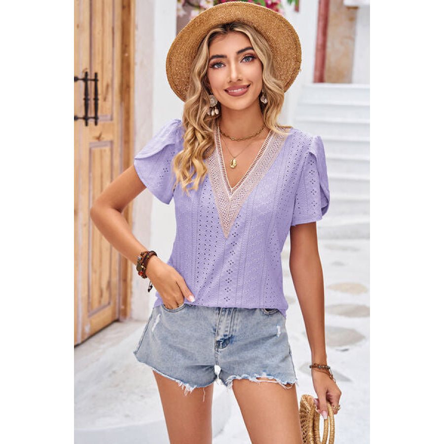 Eyelet V - Neck Petal Sleeve T - Shirt Apparel and Accessories