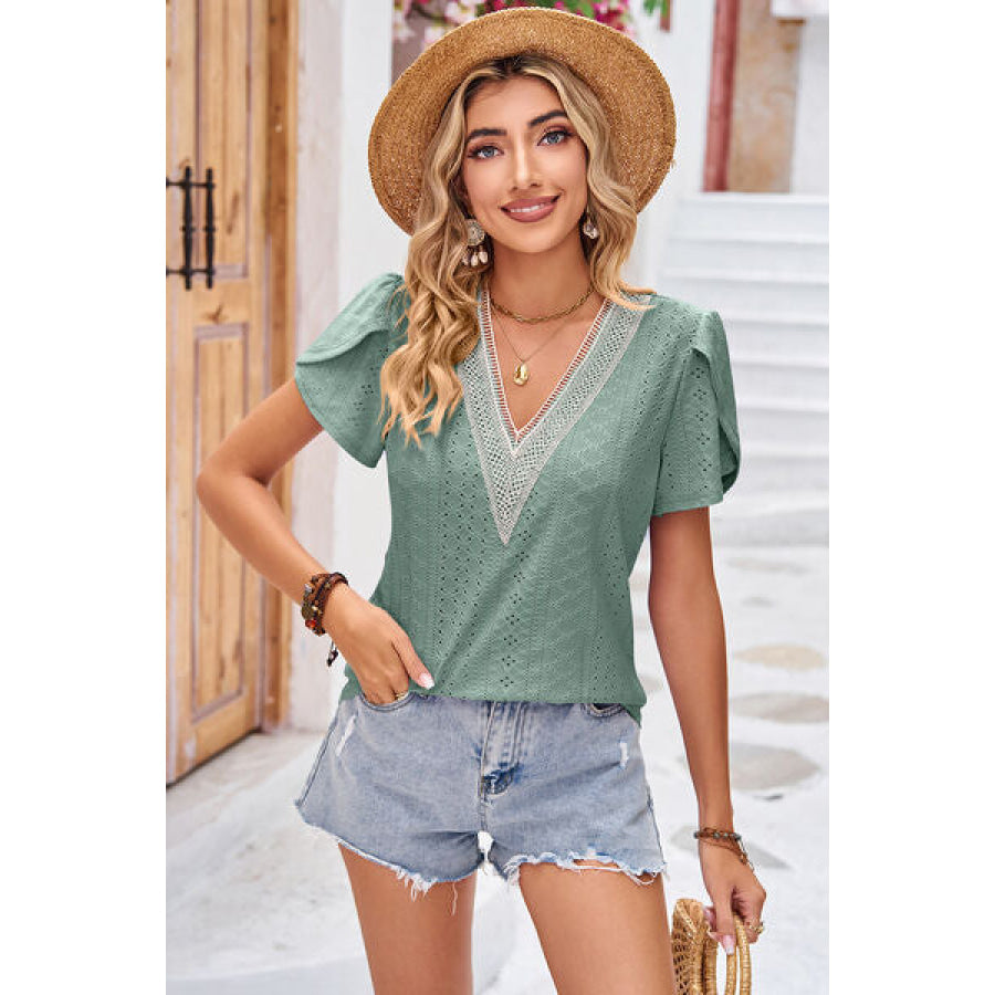 Eyelet V - Neck Petal Sleeve T - Shirt Apparel and Accessories