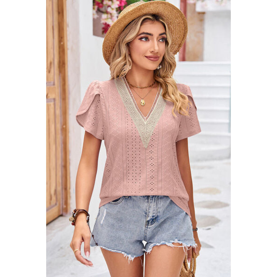 Eyelet V - Neck Petal Sleeve T - Shirt Apparel and Accessories