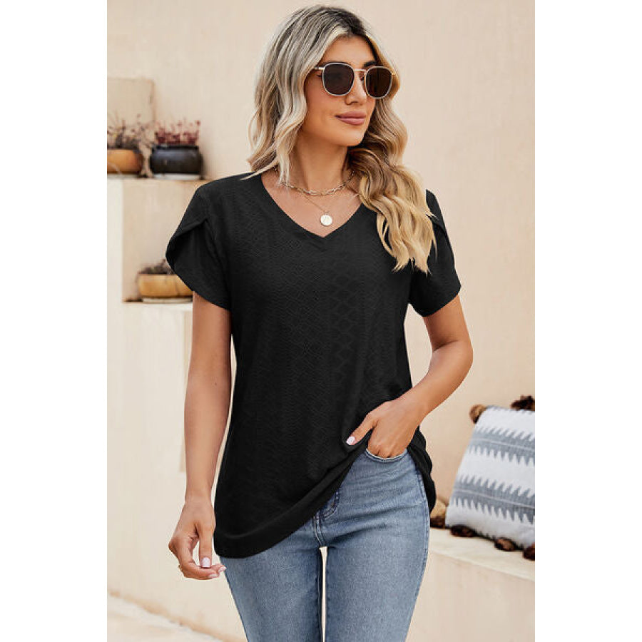 Eyelet V - Neck Petal Sleeve T - Shirt Black / S Apparel and Accessories