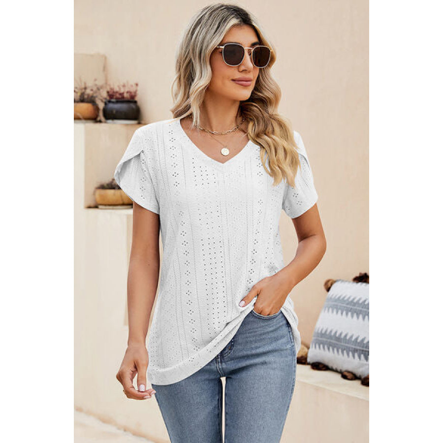 Eyelet V - Neck Petal Sleeve T - Shirt White / S Apparel and Accessories