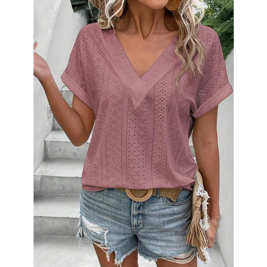 Eyelet V - Neck Short Sleeve Blouse Apparel and Accessories