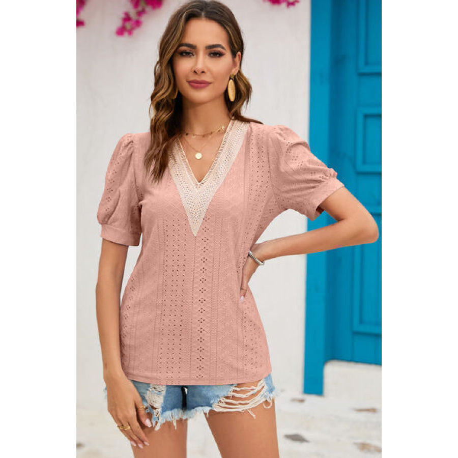 Eyelet V - Neck Short Sleeve T - Shirt Apparel and Accessories