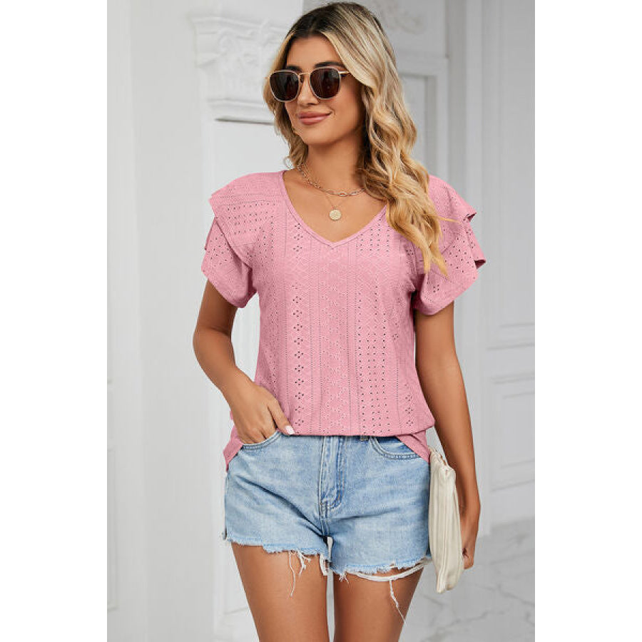 Eyelet V - Neck Short Sleeve T - Shirt Apparel and Accessories