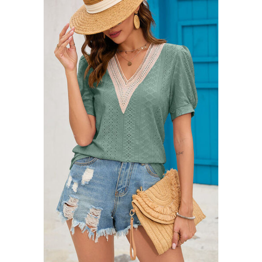 Eyelet V - Neck Short Sleeve T - Shirt Apparel and Accessories