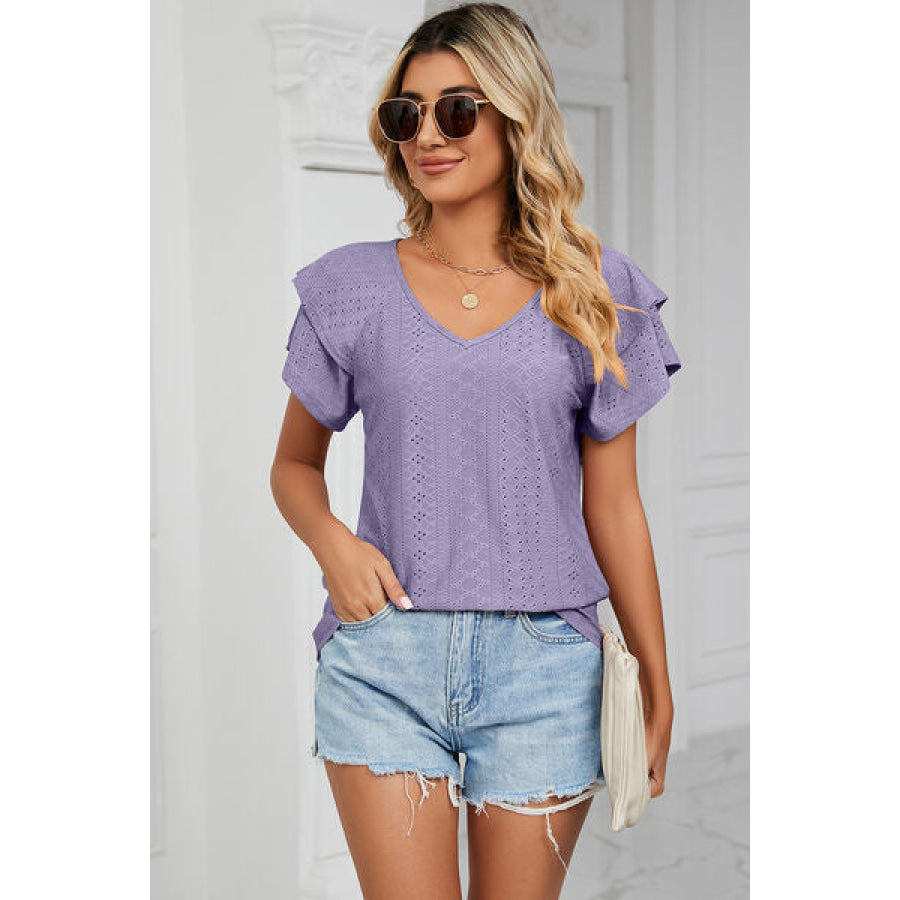 Eyelet V - Neck Short Sleeve T - Shirt Apparel and Accessories