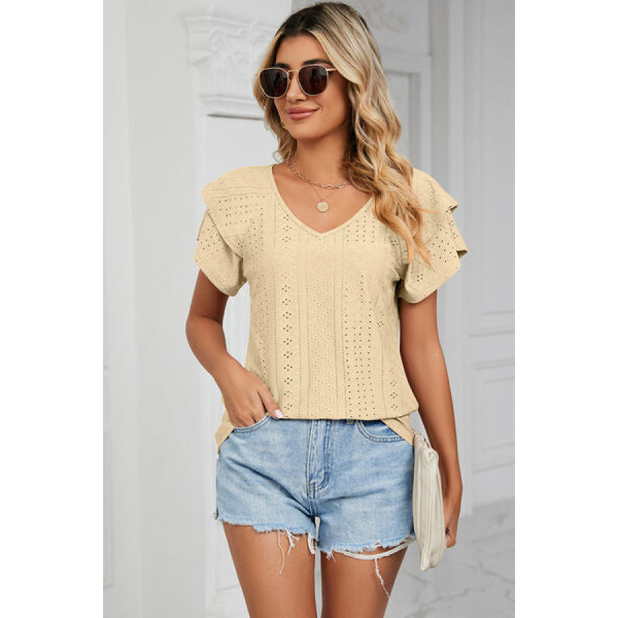 Eyelet V - Neck Short Sleeve T - Shirt Apparel and Accessories