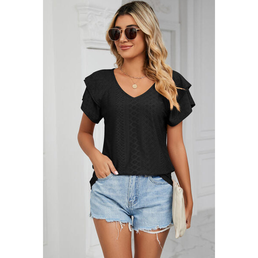 Eyelet V - Neck Short Sleeve T - Shirt Apparel and Accessories