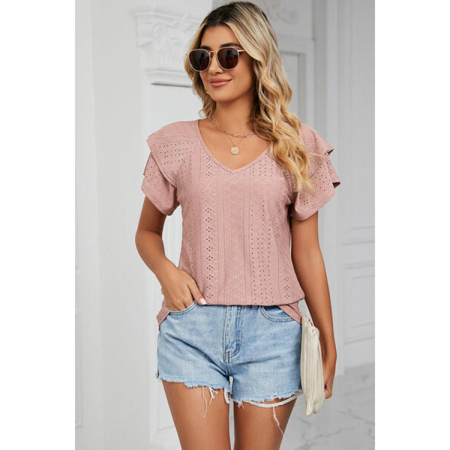 Eyelet V - Neck Short Sleeve T - Shirt Apparel and Accessories