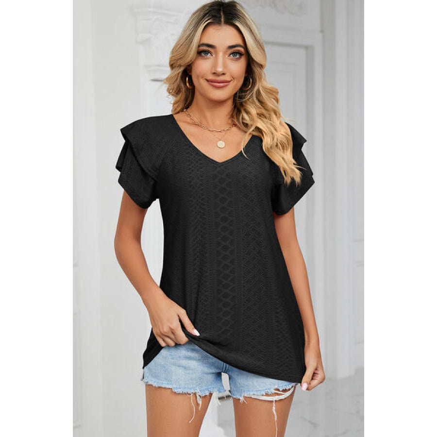 Eyelet V - Neck Short Sleeve T - Shirt Black / S Apparel and Accessories