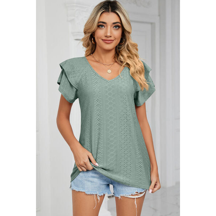 Eyelet V - Neck Short Sleeve T - Shirt Gum Leaf / S Apparel and Accessories