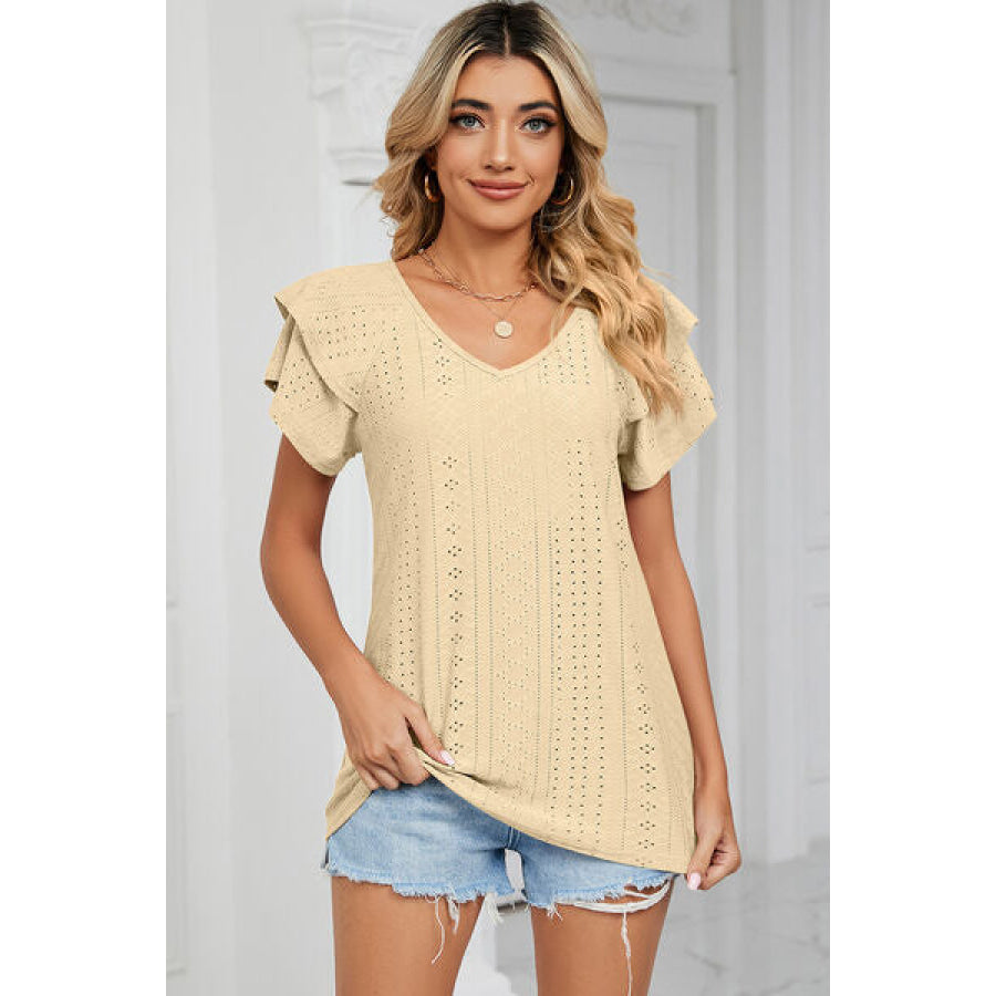 Eyelet V - Neck Short Sleeve T - Shirt Pastel Yellow / S Apparel and Accessories