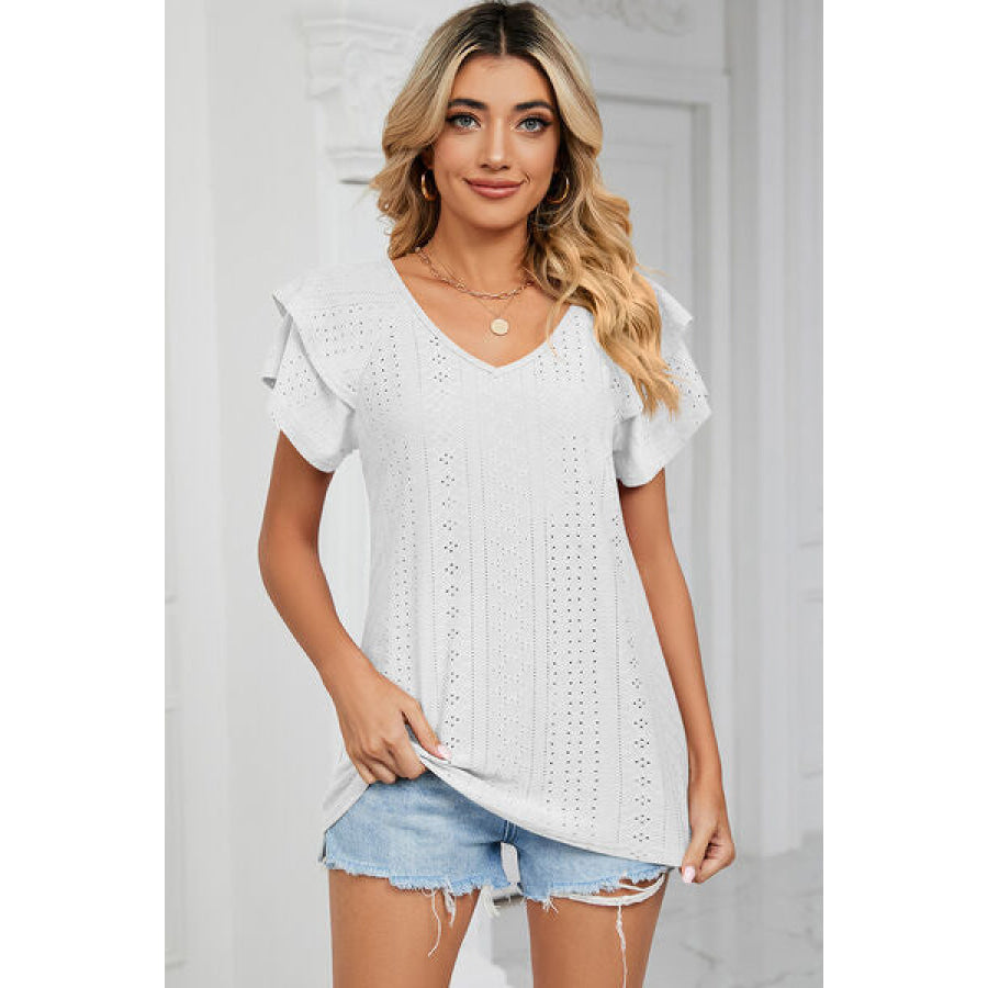 Eyelet V - Neck Short Sleeve T - Shirt White / S Apparel and Accessories