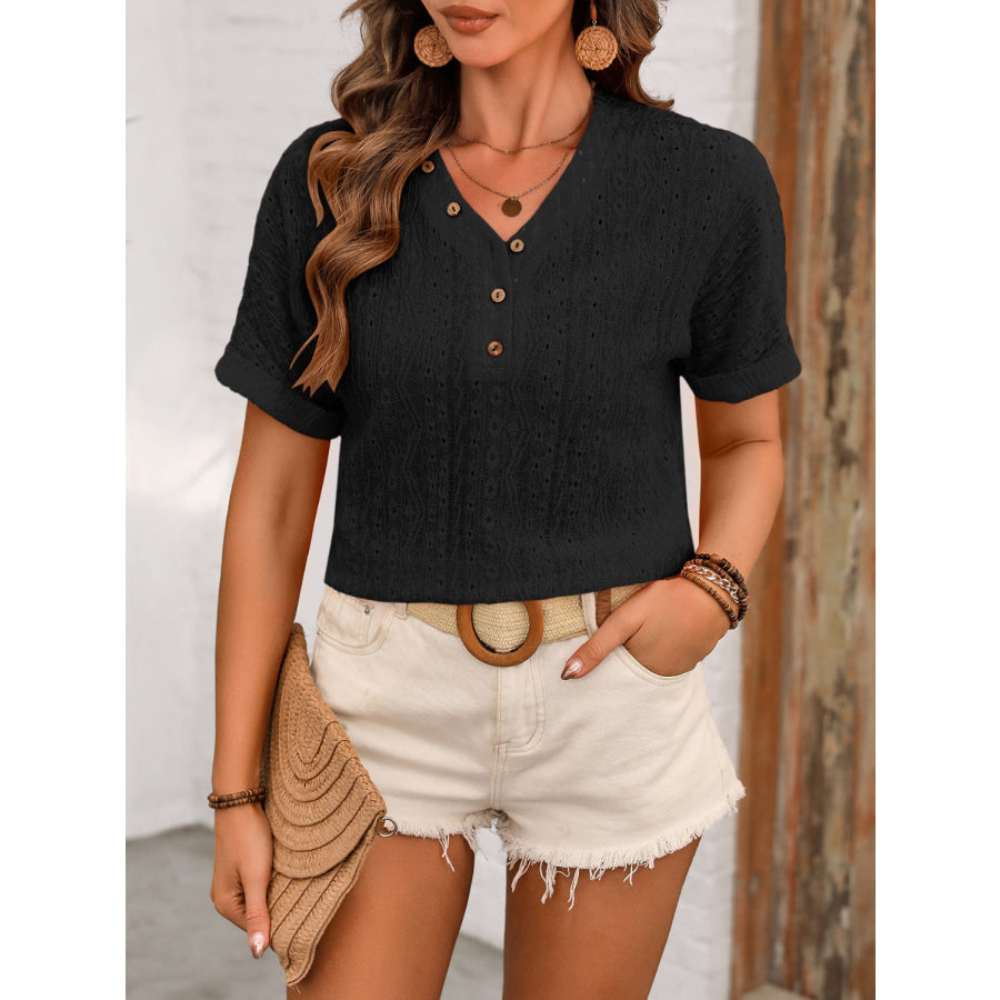 Eyelet V - Neck Short Sleeve Top Apparel and Accessories