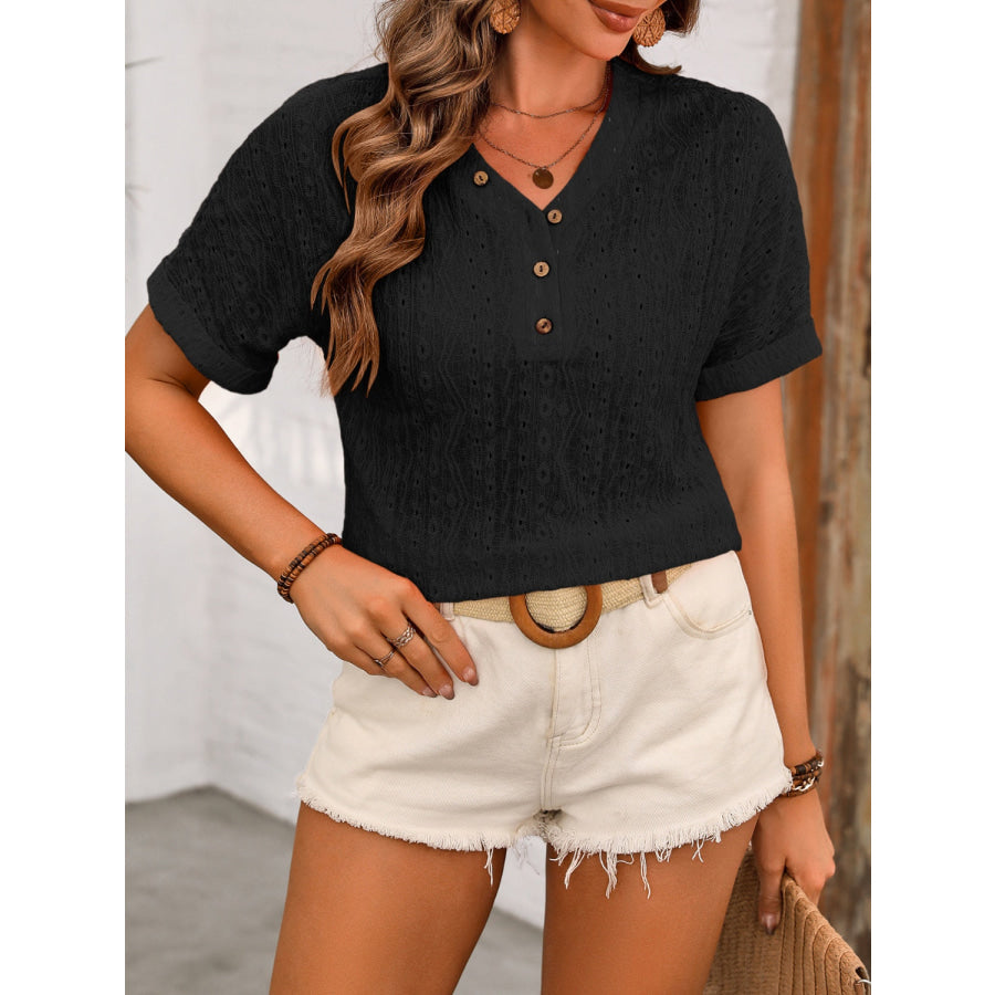 Eyelet V - Neck Short Sleeve Top Apparel and Accessories