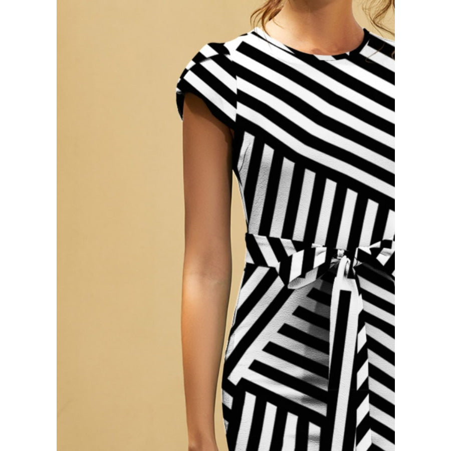 FAM-FAM Tied Striped Round Neck Cap Sleeve Dress Apparel and Accessories