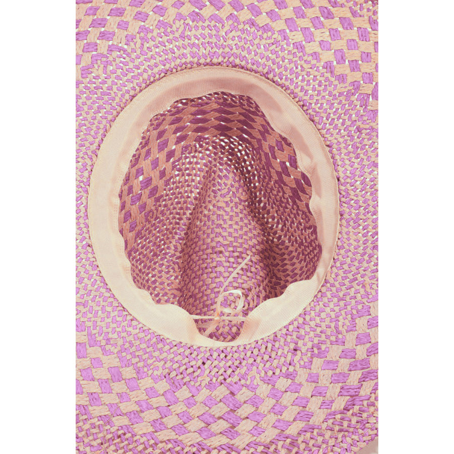 Fame Checkered Straw Weave Sun Hat PU / One Size Apparel and Accessories