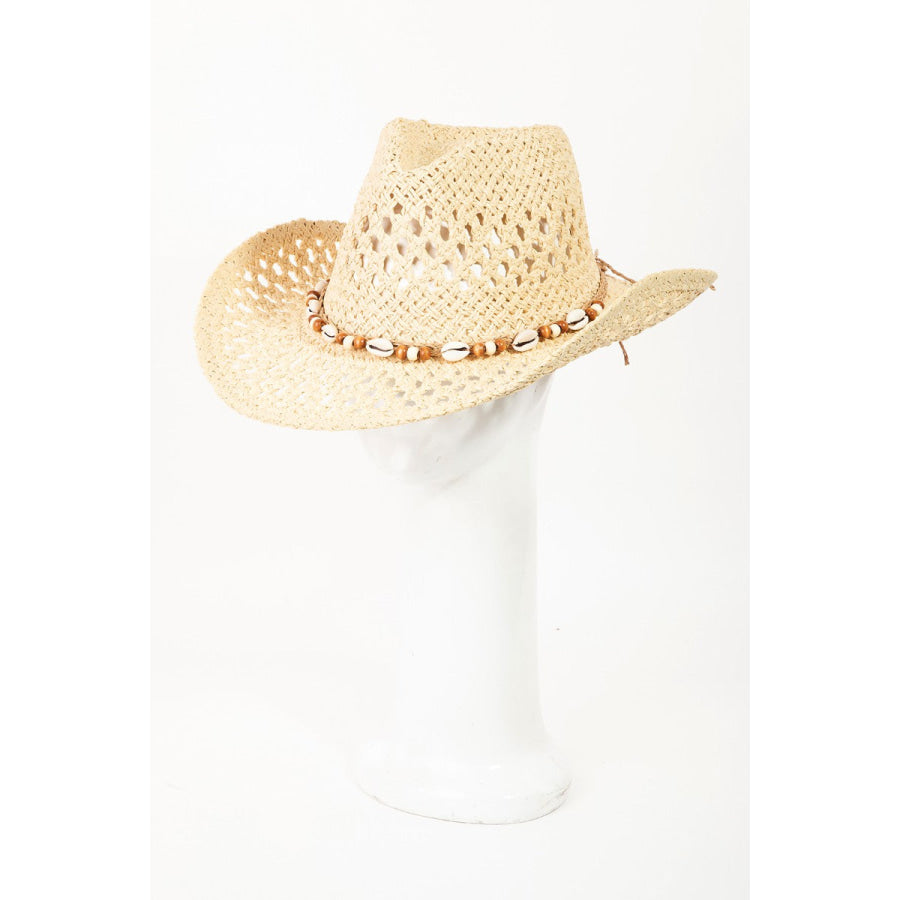 Fame Cowrie Shell Beaded String Straw Hat IV / One Size Apparel and Accessories