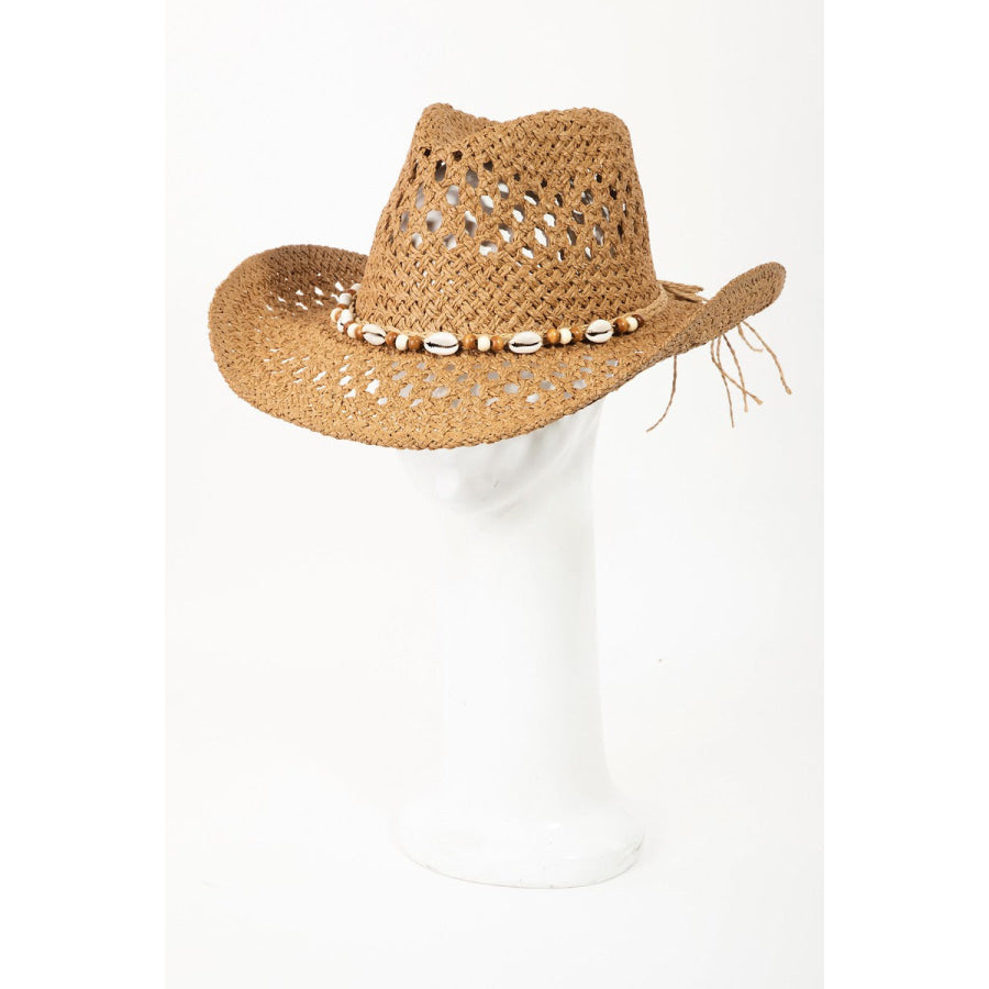 Fame Cowrie Shell Beaded String Straw Hat TA / One Size Apparel and Accessories