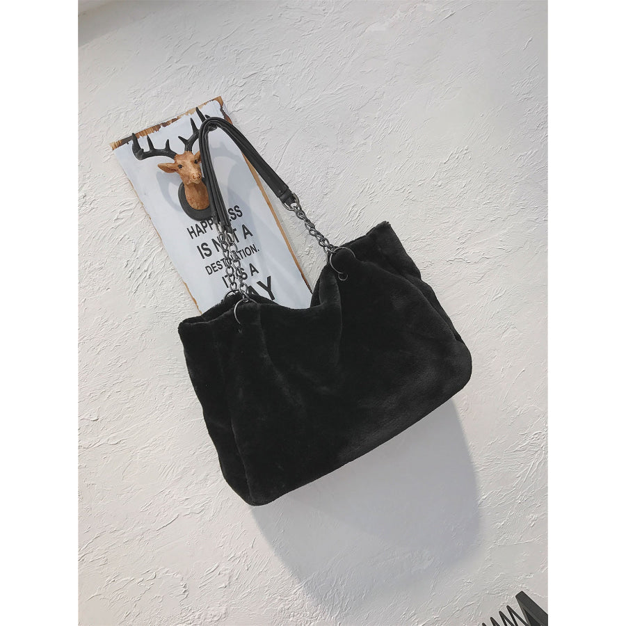 Faux Fur Solid Color Tote Bag Black / One Size Apparel and Accessories