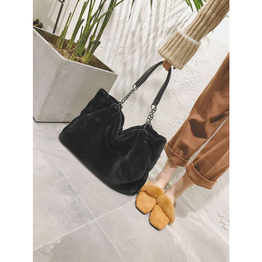 Faux Fur Solid Color Tote Bag Black / One Size Apparel and Accessories
