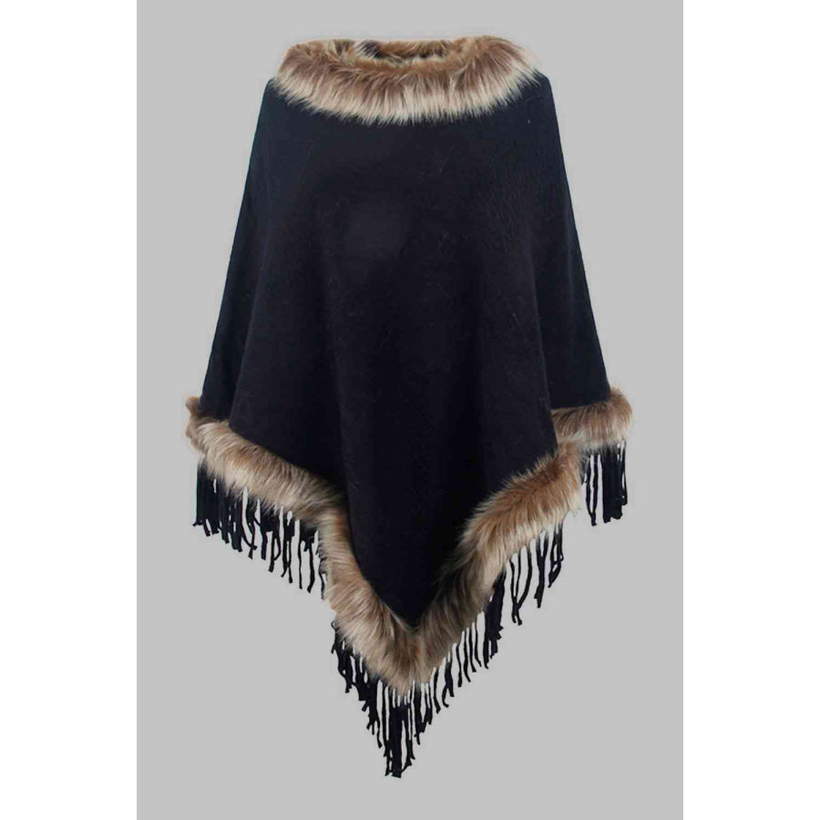 Faux Fur Trim Fringed Poncho Black / One Size