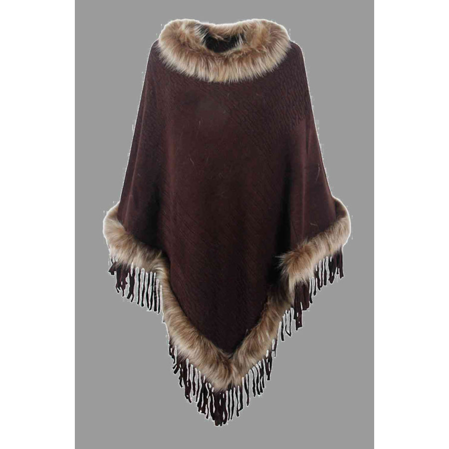 Faux Fur Trim Fringed Poncho Chocolate / One Size