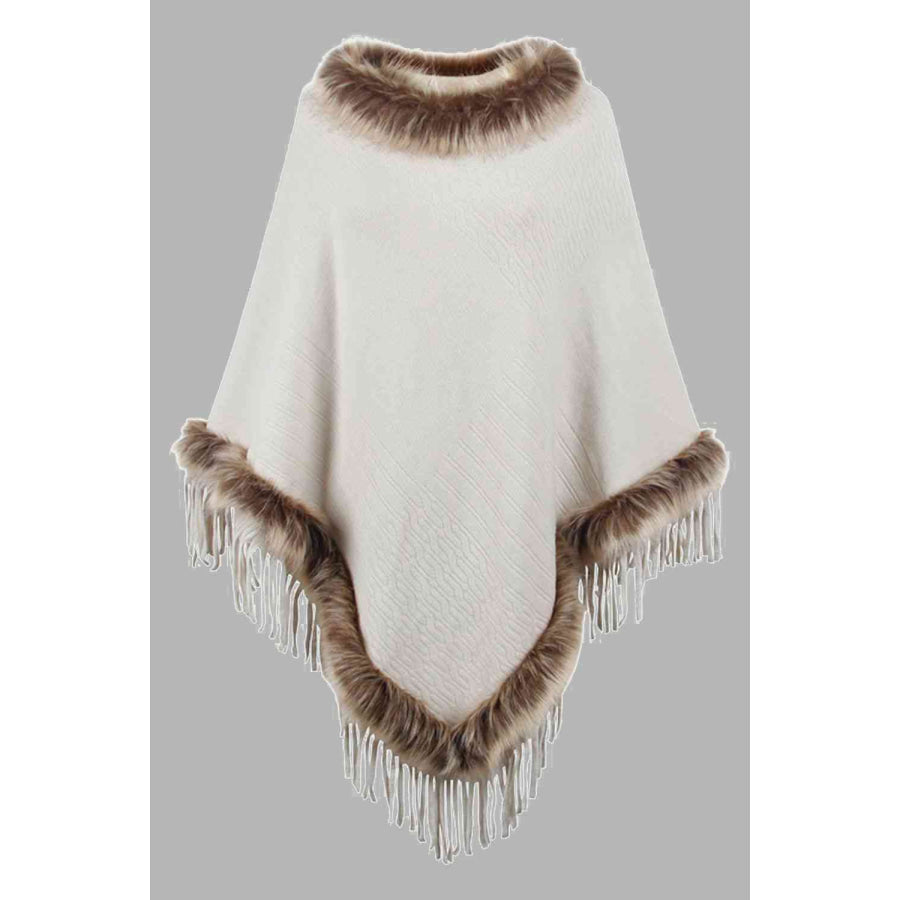 Faux Fur Trim Fringed Poncho Ivory / One Size